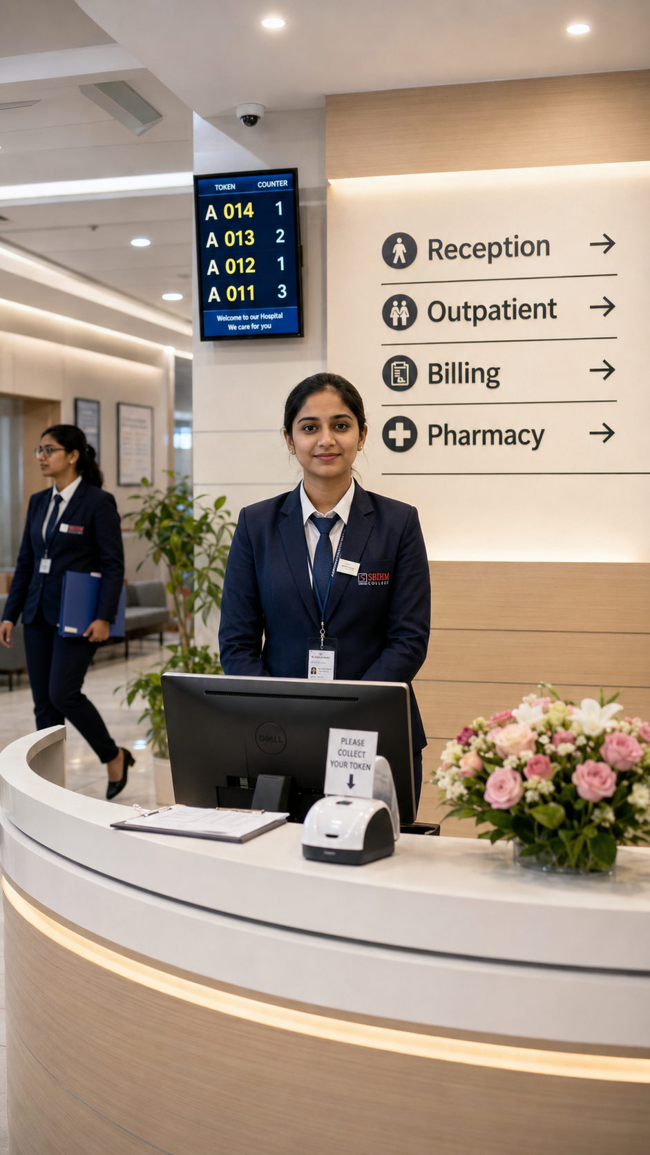 Student at a hospital-style reception desk with signs for outpatient, billing and pharmacy