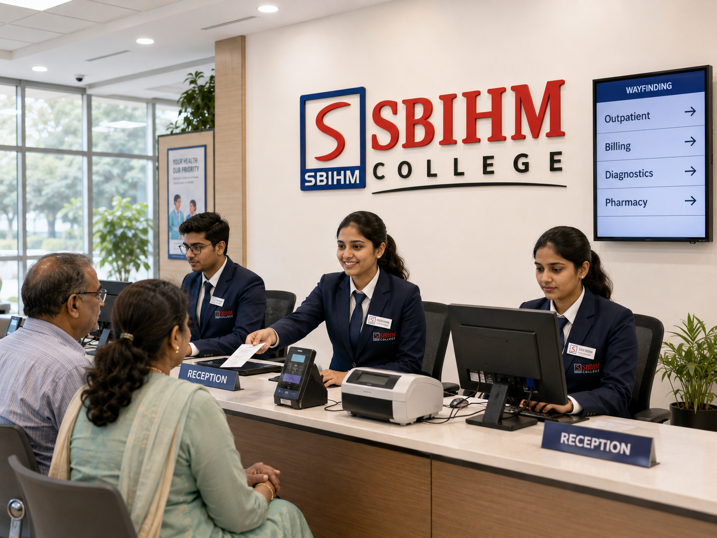 Students in uniform assisting visitors at a hospital reception counter