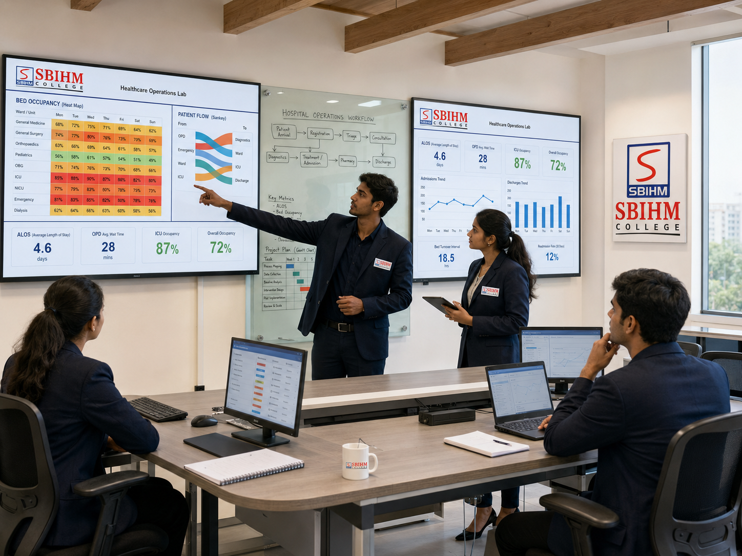 Instructor presenting a hospital data dashboard to students at computers
