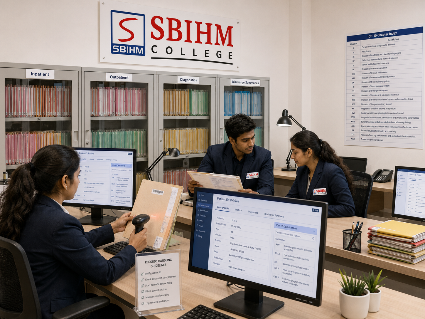 Students working with patient files and records software