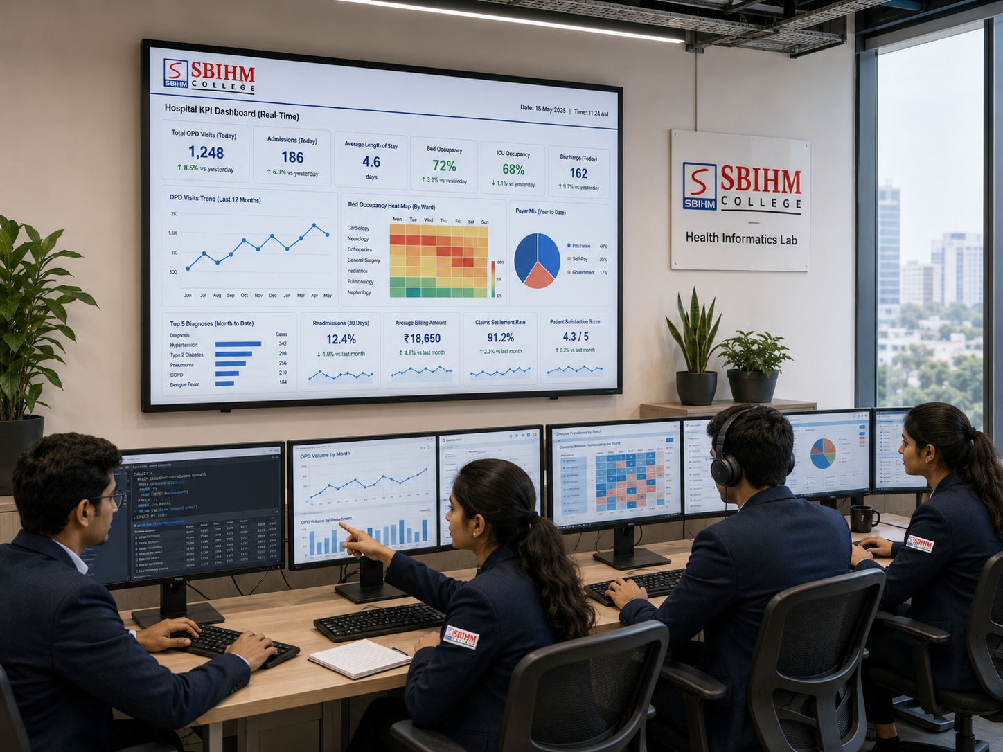 Students at workstations in a health information lab